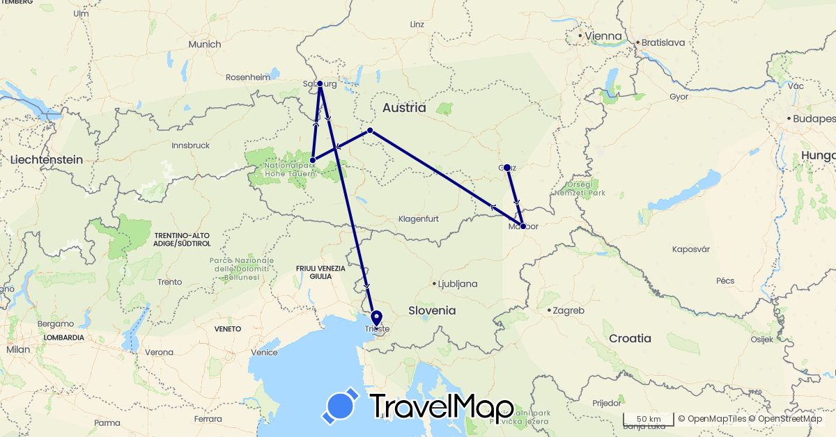 TravelMap itinerary: driving in Austria, Italy, Slovenia (Europe)